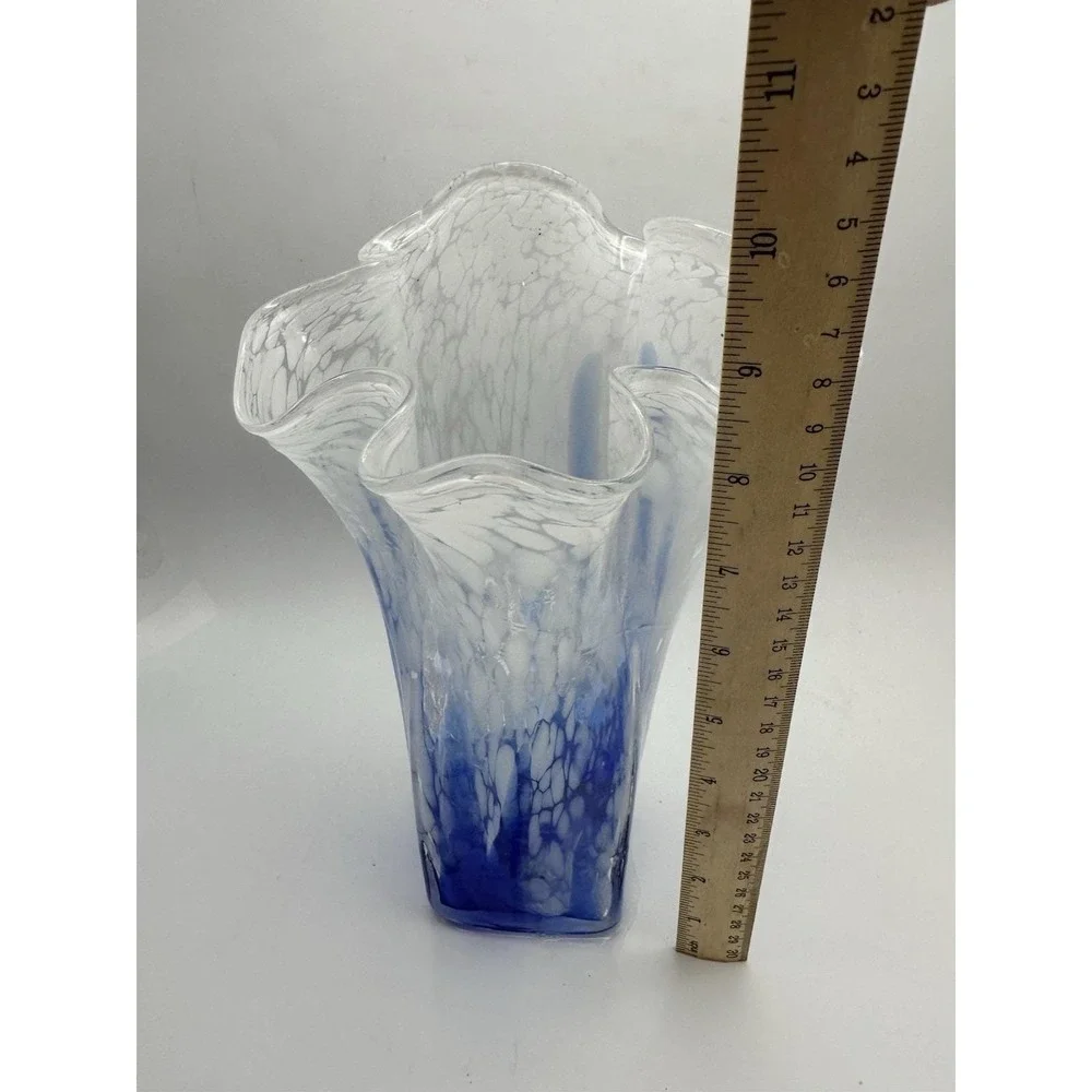 Hand Blown Art Glass Vase Blue White Spatter Ruffled Rim Studio Glass - Picture 8 of 10
